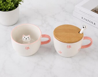 Cute Cat Coffee Mug with Spoon Lid Kawaii Ceramic Gift for Women Girls Teacher Friend