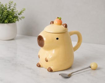 Cute Capybara Ceramic Coffee Mug with Lid, Kawaii Gift for Women, Girls, Friend, Birthday