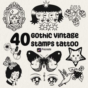 May include: A digital collection of 40 black and white tattoo stamp illustrations featuring a cat in an ornate frame, faces, strawberries, a butterfly with human faces, a star-shaped cat, a crying person, eyes, and a hummingbird with text 40 GOTHIC VINTAGE stamps tattoo Procreate.