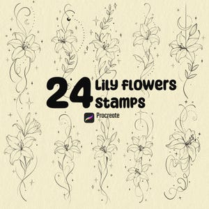 Può includere: Illustrazione digitale con 24 timbri di fiori di giglio per Procreate. Il design presenta disegni a linea dettagliati di gigli con steli, foglie ed elementi celesti decorativi, in nero su sfondo beige.