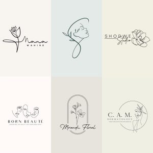 Könnte beinhalten: Eine Sammlung von sechs schwarz-weißen Logodesigns mit minimalistischer Linienkunst. Die Grafiken zeigen stilisierte florale Elemente, abstrakte menschliche Gesichter und Texte wie Nana Wahine, Shodwe Studio, Born Beauté, Morandi Floral und C.A.M. Dermatology.