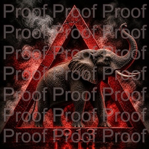 May include: Digital artwork of an elephant with its trunk raised, set within a red triangular frame. The background is black with red and white smoky effects. The word "Proof" is repeated across the image.