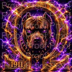 May include: Digital artwork of a pit bull with purple glowing eyes, set within a golden Omega symbol and the number 1911. The background is a vibrant display of purple and orange lightning, creating a striking and energetic image.