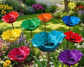 Estaca para bebedero de pájaros con forma de flor, comedero para pájaros de exterior, decoración de jardín para abejas y mariposas polinizadoras, regalo de arte colorido para el jardín