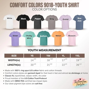 a collection of youth t-shirt designs in various colors, including white, black, pepper, gray, orchid, blue jeans, purple, chunky mint, sea foam, melon, blossom, and pink. The t-shirts are arranged in rows, with each row representing a different color option. The image also includes a table with size, width, and length measurements for each color option, providing a visual representation of the available choices for the youth t-shirt design.