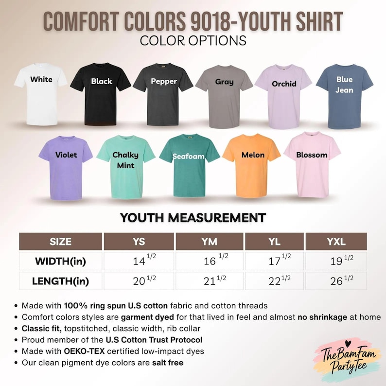 a collection of youth t-shirt designs in various colors, including white, black, pepper, gray, orchid, blue jeans, purple, chunky mint, sea foam, melon, blossom, and pink. The t-shirts are arranged in rows, with each row representing a different color option. The image also includes a table with size, width, and length measurements for each color option, providing a visual representation of the available choices for the youth t-shirt design.