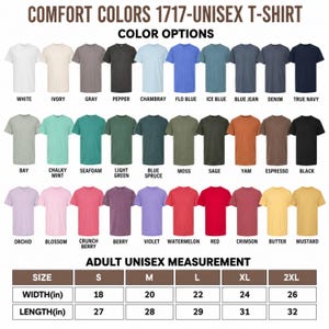 a collection of 1717-unisex t-shirt colors, along with size and measurement options, arranged in a grid format.