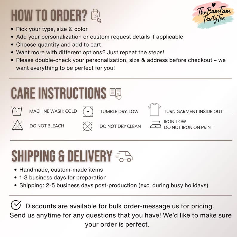 The image is a text-based interface with instructions and information about ordering, care instructions, and shipping and delivery options.