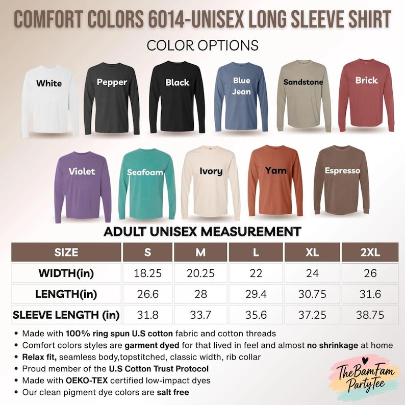 a collection of long sleeve shirts in various colors, including white, pepper, black, blue jeans, sandstone, brick, purple, seafoam, ivory, yam, espresso, and yam. The image also includes a table with size and length measurements for each color, as well as a note about the adult unisex measurement.