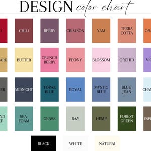 May include: A color chart with a variety of hues, including red, orange, yellow, green, blue, and purple. Each color is displayed in a rectangular block with its name underneath. The chart includes colors like "Red", "Mustard", "Midnight", and "Black".
