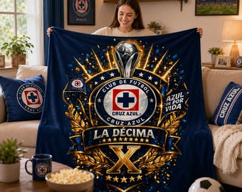 Cruz Azul Adult Soccer Flannel Blanket, 2026 Clausura Champions Throw, Cruz Azul Campeón Gift for Soccer Fans