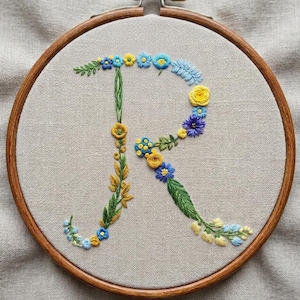Stick and Stitch Hand Embroidery Flowers Monogram letter R Stabilizer Pack | Wash Away Embroidery Pattern Transfer |  Sewing Craft Supply