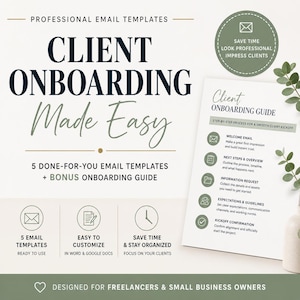 Pode incluir: Gráfico promocional para modelos de e-mail profissionais. O texto diz "Client Onboarding Made Easy" com um guia de integração de bónus. Inclui ícones para modelos de e-mail, personalização e economia de tempo. Projetado para freelancers e pequenas empresas.