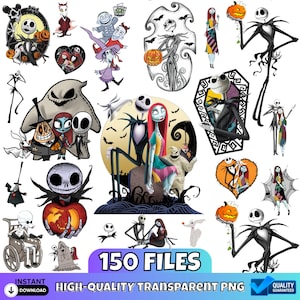 May include: A collection of 150 digital graphic files featuring characters from The Nightmare Before Christmas, including Jack Skellington, Sally, and Oogie Boogie in various poses, scenes, and frames, presented as high-quality transparent PNGs.