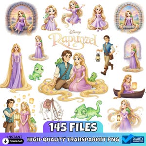 May include: A digital collection of 145 Disney Rapunzel character illustrations featuring Rapunzel, Flynn Rider, Pascal the chameleon, and Maximus the horse in various poses, including text reading Disney Rapunzel, Best Quality, and Mega Sale.