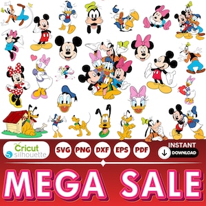 May include: A digital collection of classic cartoon character illustrations featuring Mickey Mouse, Minnie Mouse, Donald Duck, Daisy Duck, Goofy, and Pluto in various poses. The graphic includes text labels for SVG, PNG, DXF, EPS, PDF, and MEGA SALE.