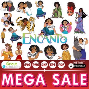 May include: A digital collection of Encanto character illustrations featuring various poses and expressions, including a jaguar, a donkey, and butterflies. The word Encanto is centered in colorful text, with file format icons and a red Mega Sale banner.