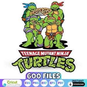 Könnte beinhalten: Eine digitale Grafik mit den vier Teenage Mutant Ninja Turtles beim Pizzaessen, mit dem sichtbaren Text Teenage Mutant Ninja Turtles, 600 Files, Best Quality, Cricut, Silhouette, SVG, PNG, DXF, EPS, PDF und Instant Download.