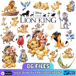 Puede incluir: Una colección digital de 86 archivos PNG transparentes con personajes de Disney El Rey León, incluyendo a Simba, Nala, Timon, Pumbaa, Rafiki y Zazu en varias poses. El conjunto gráfico incluye ilustraciones de personajes y texto.