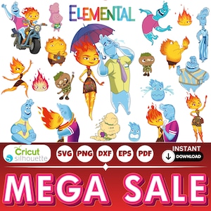 Könnte beinhalten: Eine digitale Sammlung von Elemental-Charakterillustrationen mit verschiedenen Posen von Feuer- und Wasserfiguren, darunter ein Paar unter einem Regenschirm. Der Text ELEMENTAL steht oben, MEGA SALE unten.