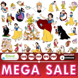 Op de afbeelding: Een digitale collectie illustraties van Sneeuwwitje en de zeven dwergen met diverse poses, de boze koningin en bosdieren. De afbeelding bevat tekstlabels voor Cricut, Silhouette, SVG, PNG, DXF, EPS, PDF en de tekst MEGA SALE.