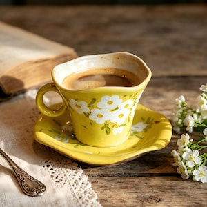 Peut inclure: Une tasse et une soucoupe jaunes avec des motifs floraux blancs, remplies de café, posées sur une table en bois. Une cuillère en argent et une branche de fleurs blanches sont à côté, avec un livre ouvert en arrière-plan.