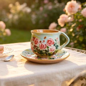 dia.9 Handmade Ceramic Tea Cup and Saucer Set, Pink Rose Vintage Coffee Mug, Luxury Shabby Chic Cottage Pottery, mother's day Gift for Her