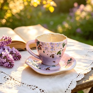 Handbemaltes, lilafarbenes Keramik-Tassen- und Untertassenset | Künstlerische Kaffeetasse im französischen Landhausstil – Geschenk für Mutter oder Oma