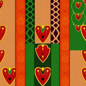 May include: A vibrant, patterned design with vertical stripes in various textures and colours. The design includes orange, green, and tan stripes, with repeating heart-shaped motifs in red and yellow.