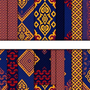 May include: A collection of patterned fabric swatches in a variety of designs and colors. The swatches feature geometric and floral patterns in shades of blue, orange, yellow, and red. The fabrics appear to be woven or printed.