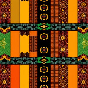 Könnte beinhalten: Ein lebendiges, geometrisches Muster mit einem Patchwork aus farbenfrohen Paneelen. Das Design integriert Farbtöne von Orange, Gelb, Grün und Schwarz mit aufwendigen, von Stämmen inspirierten Motiven und dekorativen Bordüren. Die Ästhetik erinnert an afrikanische Textilien.