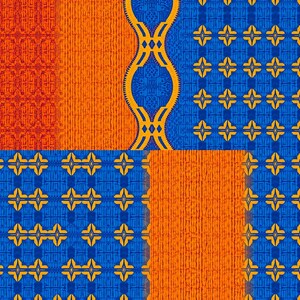 May include: A vibrant, geometric pattern featuring a patchwork design. The design incorporates sections of orange and blue, with yellow accents. The orange sections have a textured appearance, while the blue sections display intricate patterns.