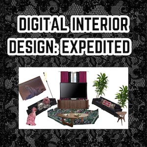 May include: Digital interior design concept image with the text "DIGITAL INTERIOR DESIGN: EXPEDITED". The image features a living room design with a TV, sofas, a rug, and decorative elements.