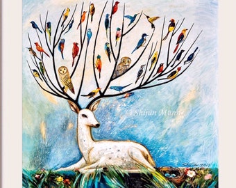 Árbol de la vida-alegría de árbol-ciervo árbol-regalo-Arte de pared de fantasía-Pintura al óleo impresión-pájaros en árbol-pájaros coloridos-ciervo-cervatillo-naturaleza