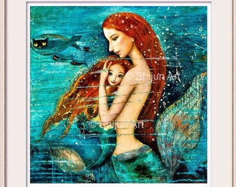 Arte de sirena, Madre e hijo de sirena de pelo rojo, Arte de pared de fantasía de cuento de hadas, impresión de giclee azul verde esmeralda en lienzo o papel de Shijun