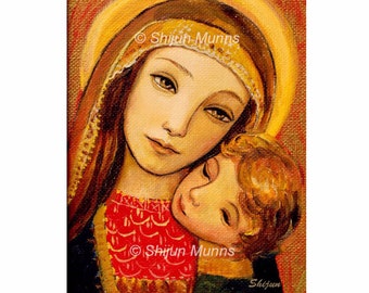 Mother and Child art print, golden color madonna and child, giclee print on professional paper or canvas by Shijun Munns, Spiritual Art,