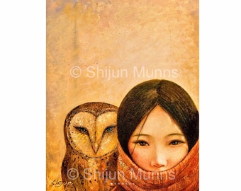 Girl with owl, art print, golden color giclee print on professional paper or canvas by Shijun Munns, Spiritual Art, wall art, gift