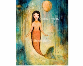 Impresión de arte de sirena, Sirena con globo, impresiones de giclee azules de Shijun Munns-Regalo de arte de fantasía-Arte de pared de fantasía-Impresión de pintura al óleo