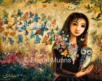 Girl, Owl and Butterflies Art Print-Museum Quality Paper Prints by Shijun Munns-Wall Art-Art gift-Giclee art print