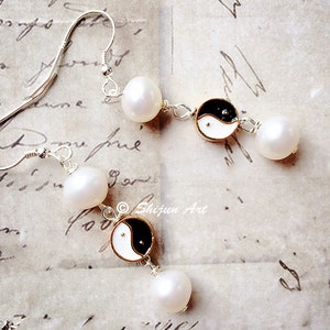 Artistic freshwater pearls & enamel earrings, Yin Yang design, white and black enamel, Chinese Tai Chi design,  Artisan Jewelry