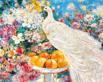 Arte original, pavo real blanco-pavo real-regalo-arte de pared de fantasía-pintura al óleo impresión-pájaro-pájaro blanco-naturaleza-bodegón de pavo real