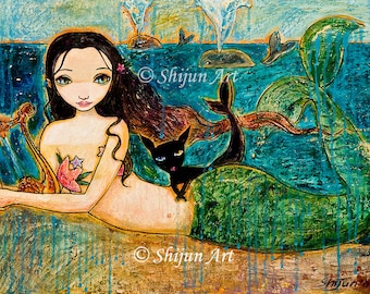 Mermaid art, mermaid print, little Mermaid-blue giclee print on canvas or paper by Shijun Munns-Fantasy art-oil painting-Signed