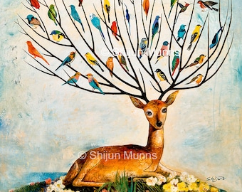 Tree of life-joy of tree-gift-Fantasy wall art-Oil painting print-birds in tree-colorful birds-deer-fawn-nature