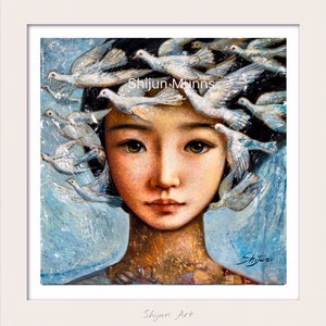 Art print,Message of Peace print,girl w/doves,giclee print on paper or canvas by Shijun Munns-Art gift-Fantasy wall art-Oil painting print