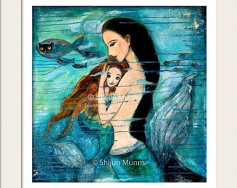 Fantasy Mermaid Art,"MERMAID MOTHER & CHILD", Fairytale Wall Art, impresión giclée sobre lienzo o papel de Shijun Munns, Firmado