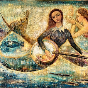 Mermaid art print, Mermaids Playing Music Under Sea-blue giclee print on canvas or paper by Shijun Munns-Fantasy art-oil painting-Signed image 1