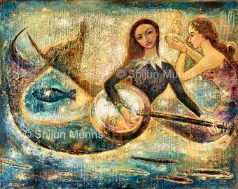 Impresión de arte de sirena, sirenas tocando música bajo el mar, impresión giclée azul sobre lienzo o papel por Shijun Munns-Fantasy art-oil painting-Firmado