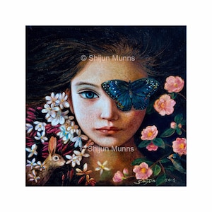 Blue Butterfly girl, art print, blue giclee print on paper or canvas by Shijun Munns-Art gift-Fantasy wall art-Oil painting print