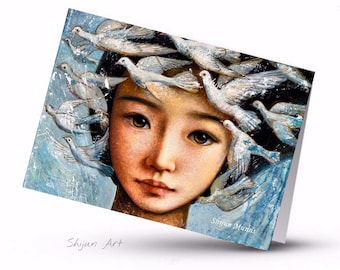 fine art card: girl with doves, peace art print, blank art card by Shijun-Peace messenger-Girl Portrait-Art gift-blue and cream fantasy art