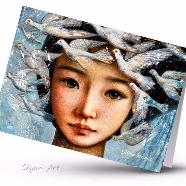 fine art card: girl with doves, peace art print, blank art card by Shijun-Peace messenger-Girl Portrait-Art gift-blue and cream fantasy art